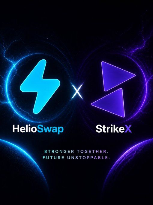 The image is a promotional poster for HelioSwap, which features two logos - one blue and one purple, with a black background. The HelioSwap logo is positioned above the StarKEX logo that's also shown on the poster. Both logos are placed in the center of the poster. In the bottom right corner of the poster, there is text that reads "Two ecosystems. One united community. HelioSwap X @TradeStrikeBVI" and "#Collaboration". The phrase "#Collaboration" is repeated multiple times throughout the image.