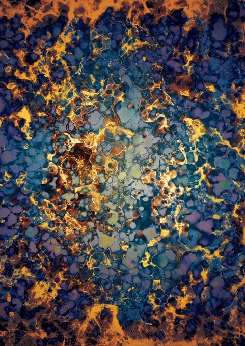 An abstract, textured artwork or digital image featuring a marbled, cellular pattern in shades of dark blue, teal, and gold.