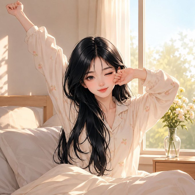 An anime-style illustration of a young woman with long black hair wearing a floral nightshirt, stretching her arms while sitting in a sunlit bed with a vase of white flowers on the bedside table.