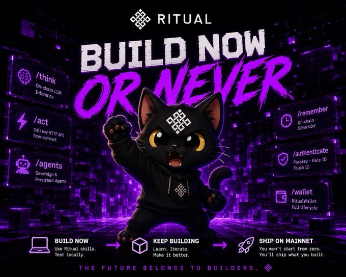 A promotional graphic for Ritual featuring a black cat mascot in a fighting pose against a purple digital background, with the bold text "BUILD NOW OR NEVER." The image showcases Ritual's platform features (/think, /act, /agents, /remember, /authenticate, /wallet) and outlines a three-step process: "BUILD NOW" (test skills locally), "KEEP BUILDING" (learn and iterate), and "SHIP ON MAINNET" (deploy what you've built), reinforcing the message that developers shouldn't wait for mainnet to start experimenting with Ritual skills.