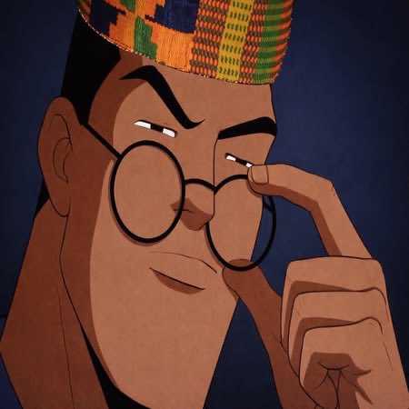 An animated portrait of a man with brown skin wearing round glasses and a colorful patterned hat, who is adjusting his glasses with one hand.