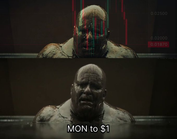 The image shows a dark-colored man with a sad expression, possibly wearing dirty clothes or looking like he's been in a fight. This photo has been transformed into an advertisement for Monad at $1, which reads "if you loved @monad at $0.025 you're gonna love it at $0.018". The post is about a stock chart and features images of the man from both scenes to emphasize the connection between the sadness depicted in the photograph and the downward trend shown on the stock chart.