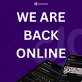 A graphic with purple background and white text reading "WE ARE BACK ONLINE" featuring a computer keyboard and "Aave" logo.
