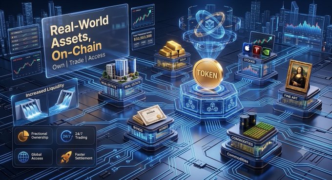 A futuristic digital illustration depicts real-world assets being tokenized on a blockchain, featuring platforms representing gold bars, stocks, real estate, fine art, bonds, and commodities, each linked to a central "TOKEN" hub with "24/7 Trading," "Fractional Ownership," and "Global Access" benefits highlighted—visually reinforcing how blockchain converts tangible investments into tradeable digital representations.