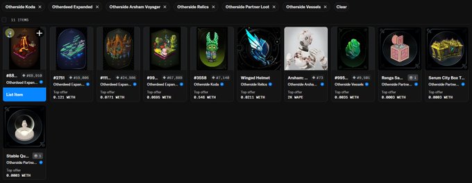 A screenshot of the OpenSea NFT marketplace displaying 11 items from various "Otherside" collections like "Otherdeed Koda" and "Otherdeed Expanded," priced in WETH.