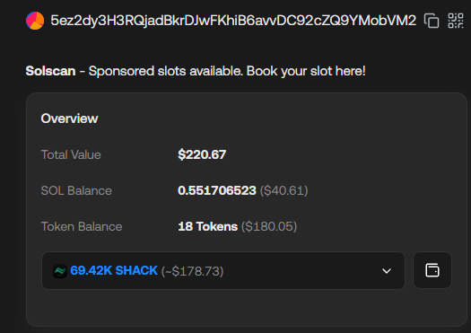 A Solescan wallet overview showing a total value of $220.67 with 0.551706523 SOL and 18 Tokens, including 69.42K SHACK tokens.