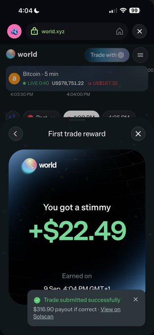 A smartphone screenshot showing the 'world.xyz' website with a 'First trade reward' pop-up displaying '+ $22.49' and a 'Trade submitted successfully' notification for $316.90 payout.