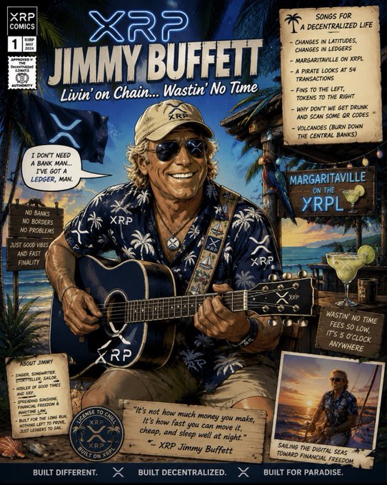 A comic book-style cover features Jimmy Buffett strumming a guitar on a tropical beach, dressed in XRP-branded attire, with text promoting "Songs for a Decentralized Life," including hits like "Margaritaville on the XRPL" and "Pirate Looks at 54 Transactions." The parody ties Buffett's laid-back island lifestyle to the XRP cryptocurrency, matching the post's playful fusion of the artist with digital finance themes.