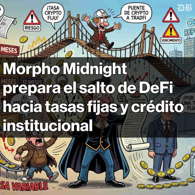An illustrated cartoon with Spanish text 'Morpho Midnight prepara el salto de DeFi hacia tasas fijas y crédito institucional,' depicting a bridge between variable and fixed crypto rates.