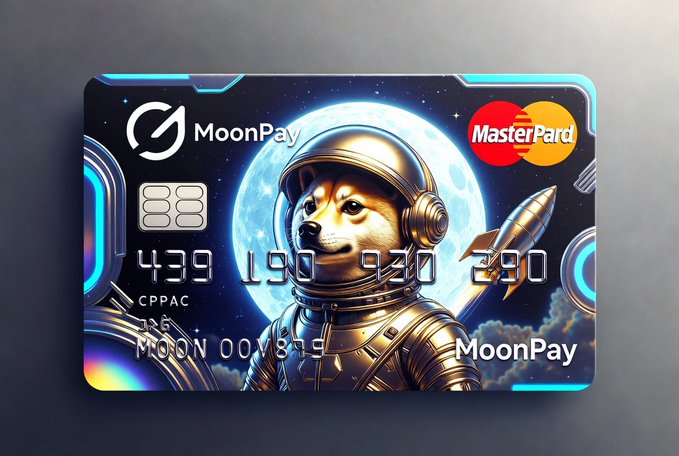 The image features a credit card designed with a gold-colored dog astronaut theme, wearing a spacesuit and holding a rocket ship. The card has a blue background and white text that reads "MoonPay MasterPart" and "4439". The card is displayed against a gray background, making it stand out prominently in the image.