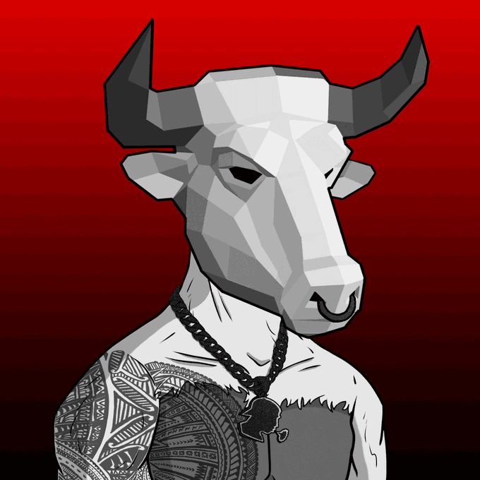 A digital illustration of a figure with a low-poly white bull or minotaur skull for a head, featuring dark horns, a nose ring, and intricate tribal tattoos on the shoulder, wearing a chain necklace against a deep red background.