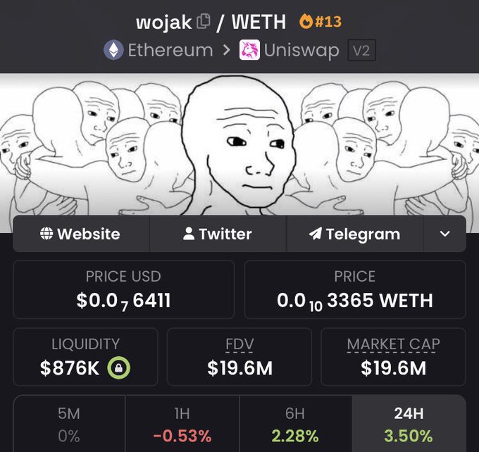 A screenshot of a crypto tracking page for the "wojak" token paired with WETH on Uniswap V2, showing a price of $0.0₇6411 USD, $876K liquidity, and a $19.6M fully diluted market cap, with 24-hour gains of 3.50%. The "generational entry" caption paired with a wallet address highlights the trading opportunity at this low micro-cap valuation, where a small position could yield significant returns if the memecoin gains traction.