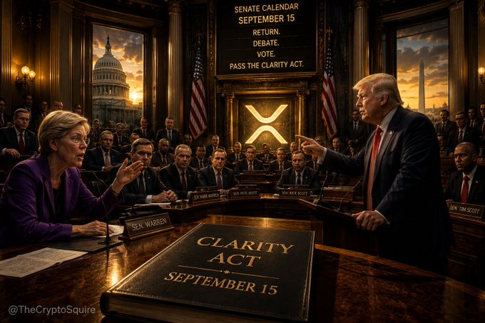 A digital illustration depicts a dramatic Senate hearing scene with figures labeled "Sen. Warren" and "Sen. Tim Scott" seated across from a Trump-like figure, surrounding a large book titled "CLARITY ACT SEPTEMBER 15," with a chalkboard above reading "SENATE CALENDAR SEPTEMBER 15 RETURN, DEBATE, VOTE, PASS THE CLARITY ACT" against a backdrop of the Capitol and Washington Monument. The image visually reinforces the post's urgent call for the Senate to prioritize the CLARITY Act when it reconvenes on September 15, emphasizing the need for swift legislative action on cryptocurrency regulation.
