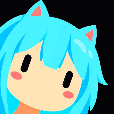 A cartoon illustration of a character with bright blue hair, cat ears, and pink cheek blushes against a black background.