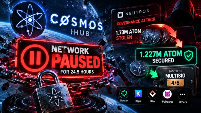 A graphic about the Cosmos Hub reports a "NETWORK PAUSED FOR 24.5 HOURS" following a Neutron governance attack, noting 1.73M ATOM stolen and 1.227M ATOM secured and moved to multisig.