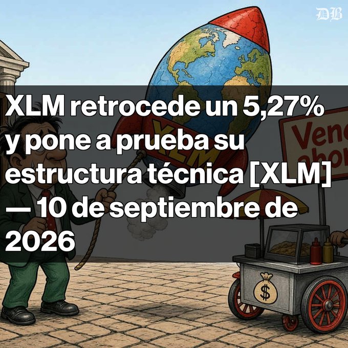 A cartoon illustration of a man igniting a rocket Earth with a "SELL XLM" banner, with Spanish text overlay reading: 'XLM retrocede un 5,27% y pone a prueba su estructura técnica [XLM] — 10 de septiembre de 2026'.
