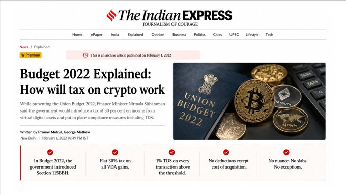 The image is a screenshot of a February 2022 Indian Express article titled "Budget 2022 Explained: How will tax on crypto work," detailing India's introduction of a 30% flat tax on virtual digital assets, 1% TDS on transactions, and no deductions allowed—key provisions underpinning the country's strict crypto tax regime referenced in the post.