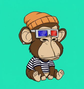 A cartoon Bored Ape NFT character sits wearing an orange beanie, red and blue 3D glasses, and a black and white striped shirt against a teal background.