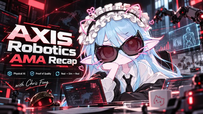 An anime-style promotional graphic titled 'AXIS Robotics AMA Recap with Chris Feng' featuring a blue-haired character with glasses in a tech-themed environment, displaying badges for 'Physical AI', 'Proof of Quality', and 'Real — Sim — Real'.