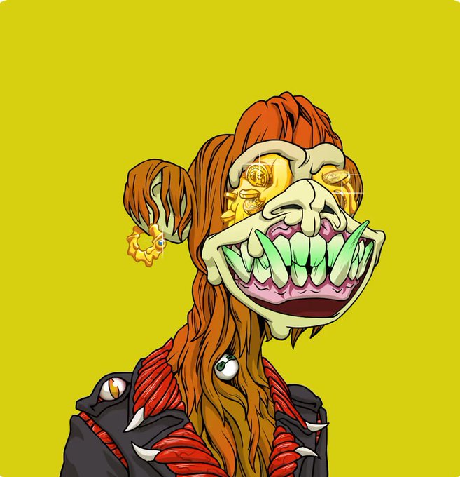 Digital illustration of a stylized, monstrous character with orange dreadlocks, sharp green teeth, and gold coin-shaped eyes against a bright yellow background.