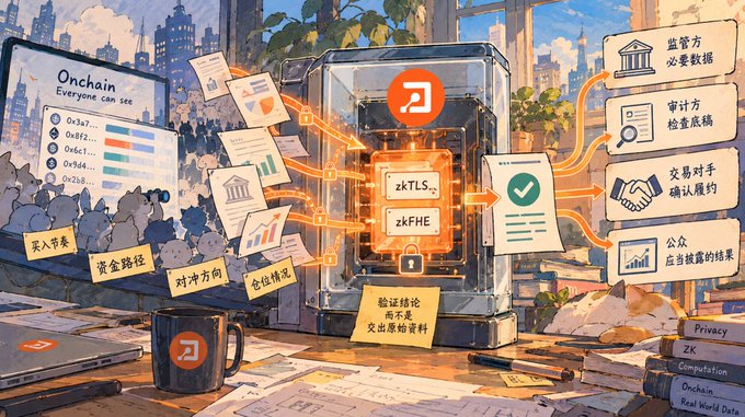 An illustrated infographic depicting an 'Onchain' transparency concept, showing data inputs on a monitor flowing into a central secure processor labeled 'zkTLS' and 'zkFHE', with output panels detailing regulatory data, audit boxes, transaction signatures, and public reports.