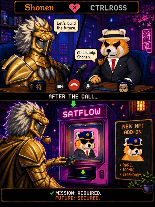 A graphic featuring 'Shonen' and 'CTRLROSS' at the top, showing armored lion and suited dog characters on a video call, followed by a scene of them at a 'SATFLOW' terminal with text 'NEW NFT ADD-ON' and 'MISSION: ACQUIRED. FUTURE: SECURED.'