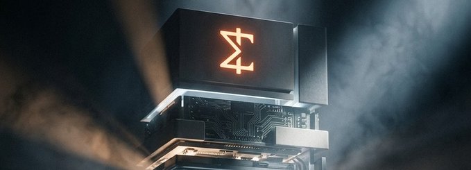 A dark, cinematic image of a high-tech electronic device or computer component with an orange glowing geometric logo on top, set against a backdrop of swirling smoke and dramatic lighting.