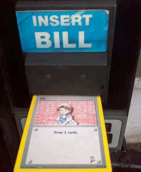 The image shows a Pokemon card reader with a blue sign that reads "INSERT BILL". The card reader has a picture of a girl on it, which is used for drawing cards. There are two cards visible in the scene - one being drawn by the card reader and another one placed on top of it. The text "Day 1,265 of tweeting about Pokémon ENS until the floor hits 1eth" is also present in the image.