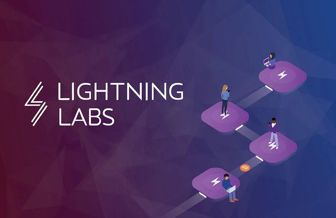 Promotional graphic for Lightning Labs featuring the company logo alongside illustrated figures connected by lightning bolt nodes on a purple gradient background.