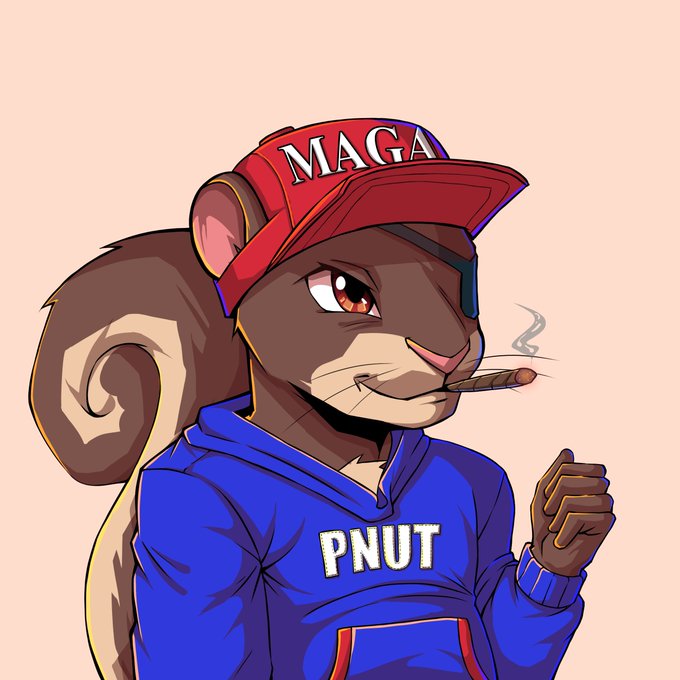 A cartoon squirrel wearing a red "MAGA" hat, a blue hoodie reading "PNUT," and smoking a cigar represents the "Peanut the Squirrel" character tied to the ETH Peanuts NFT collection minting promotion.