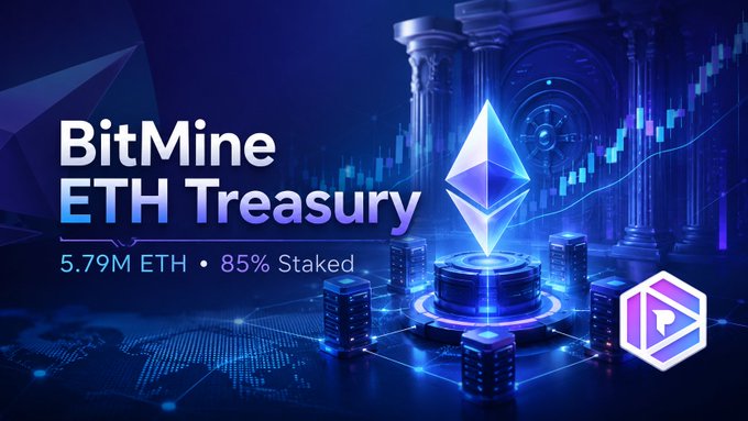 A promotional graphic for 'BitMine ETH Treasury' showing 5.79M ETH with 85% staked, featuring an Ethereum diamond logo on a pedestal surrounded by server racks and an upward-trending stock chart.
