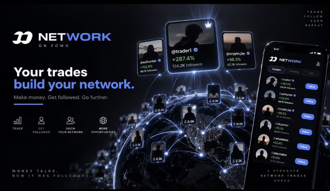 An advertisement for a trading app called 'JJ NETWORK' on FOMO displays 'Your trades build your network' with phone mockups showing top traders like @trader1 and @crypto.livy.