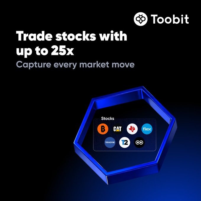Toobit promotional image announcing stock futures trading with up to 25x leverage, featuring a blue hexagonal frame displaying stock tickers including Bitcoin, CAT, flex, and others, alongside the Toobit logo and tagline "Capture every market move."