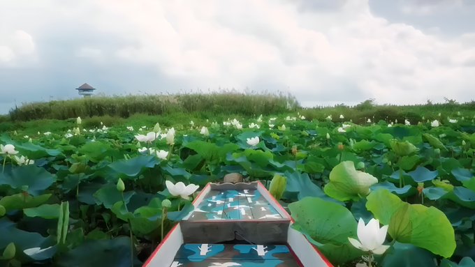 The image shows a boat floating through a field of white flowers, with a lighthouse visible in the distance. The boat appears to be moving towards the camera, creating an interesting perspective that draws attention to its journey. The surrounding landscape features a large number of white flowers and green plants, adding to the overall beauty of the scene. The image also contains text elements related to cryptocurrency, such as "GM good morning, builders what are you opening first today? a card that makes crypto usable, a network thinking beyond today's security, or a launchpad turning appchain ideas into something real." This suggests that the boat is passing by an area where people might be discussing and exploring new ways of using cryptocurrency.
