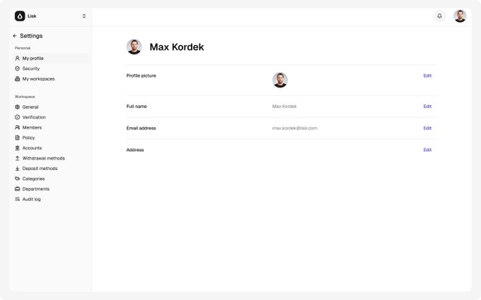 A Lisk profile settings page for user Max Kordek, showing his profile picture, full name, and email address (max.kordek@lisk.com) with options to edit each field.