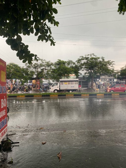 A rainy street scene showing wet pavement reflecting the surroundings, with a red sign on the left, trees lining the road, and vehicles including a small truck and red car visible across the street.