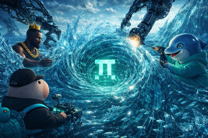 A vibrant digital artwork showing a king and an anthropomorphic dolphin wielding weapons against a wave-like vortex with a glowing teal 'π' (Pi) symbol in the center.