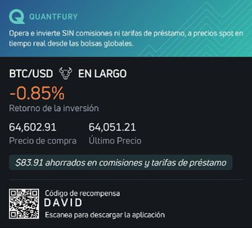 A mobile app screen from "QUANTFURY" shows a BTC/USD position "EN LARGO" (long) with a -0.85% return, detailing buy and last prices and a referral code for "DAVID."