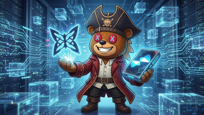 A cartoon bear pirate with glowing red X-eyes and a tricorn hat stands in a futuristic server room filled with glowing blue data cubes, holding a glowing butterfly hologram in one hand and a holographic card/device in the other. The image's cyber-aesthetic and butterfly motif likely symbolize Quip's quantum-classical blockchain and its privacy-focused technology, matching the post's themes of node operation and "privacy angle."