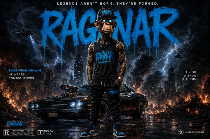 A stylized movie poster titled 'RAGNAR' featuring an anthropomorphic character in a cap and 'RAGNAR' tank top standing before a black muscle car, with the tagline 'LEGENDS AREN'T BORN. THEY'RE FORGED.'