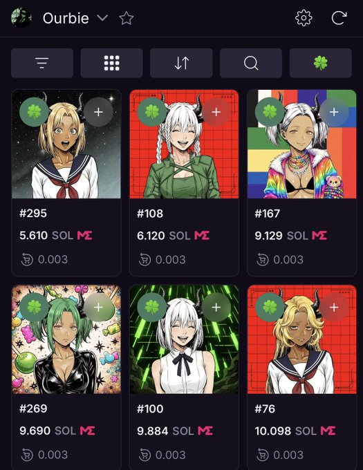 A NFT marketplace gallery titled 'Ourbie' displaying anime-style character portraits with prices in SOL, ranging from #295 at 5.610 SOL to #76 at 10.098 SOL.