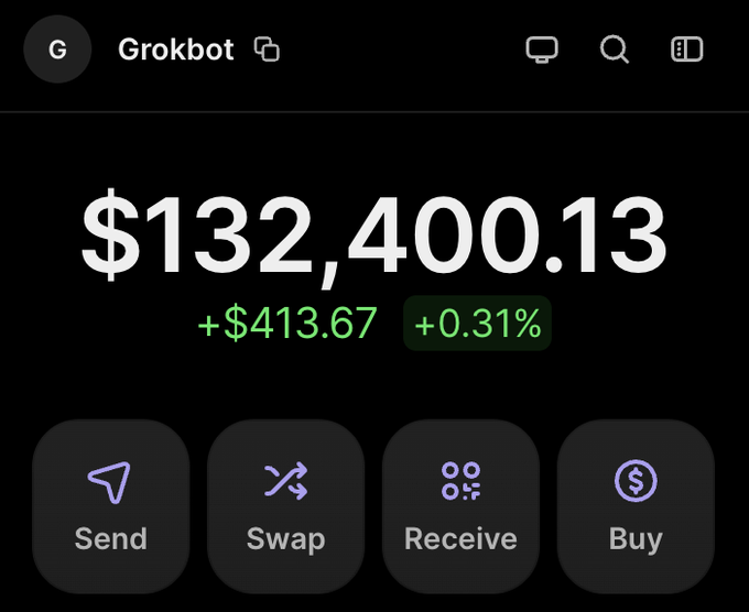 A screenshot of the 'Grokbot' app interface displaying a portfolio balance of $132,400.13 (+$413.67, +0.31%) with buttons for Send, Swap, Receive, and Buy.