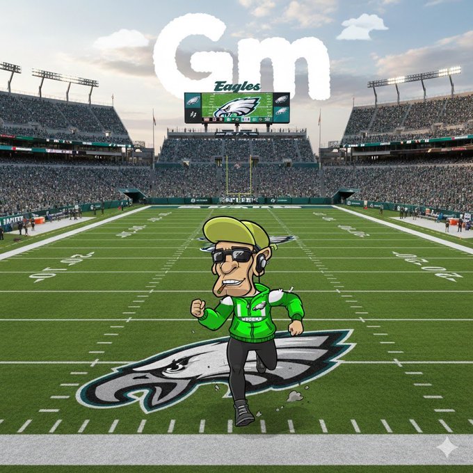 An edited image shows a cartoon character in an Eagles jersey running across a football field with a stadium background, featuring the text 'Gm Eagles'.