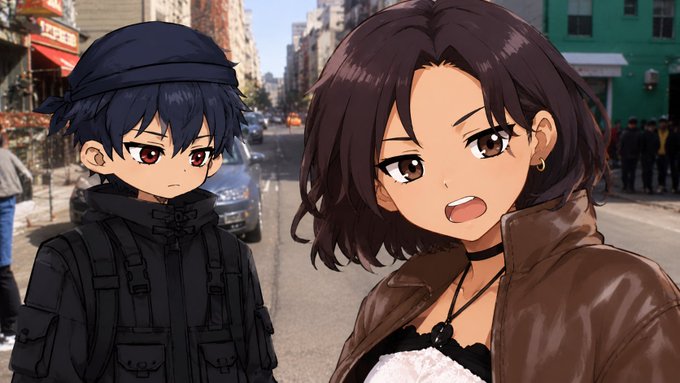 The image features a man wearing a black jacket, standing next to a woman who is also dressed in black. They are both looking at each other while walking down a street lined with buildings. The background of the image includes several cars parked along the street, as well as some people walking by on the sidewalk.
