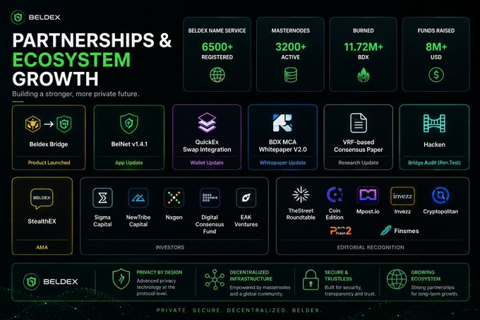 An infographic for BELDEX detailing 'Partnerships & Ecosystem Growth,' featuring stats like 6500+ registered names, 3200+ active masternodes, and 11.72M+ BDX burned, along with various partner logos and investor names.
