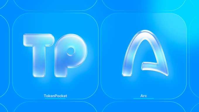 App icons for TokenPocket (TP) and Arc displayed as glass-like 3D logos on a blue gradient background.
