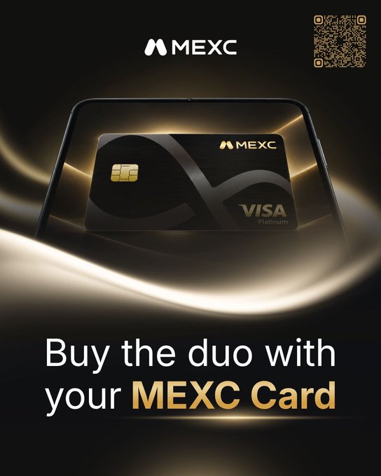 A promotional advertisement for MEXC featuring a black Visa Platinum card displayed on a smartphone screen, with the text 'Buy the duo with your MEXC Card' and a QR code.