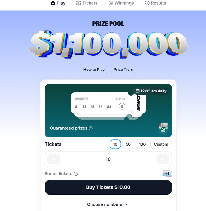 A lottery website interface showing a $1,100,000 prize pool with daily drawings at 12:05 am, displaying ticket purchase options at $10.00.