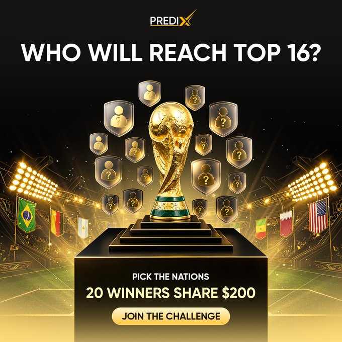 A promotional banner for PREDIX asking 'WHO WILL REACH TOP 16?' featuring a World Cup trophy and flags, offering 20 winners a share of $200.
