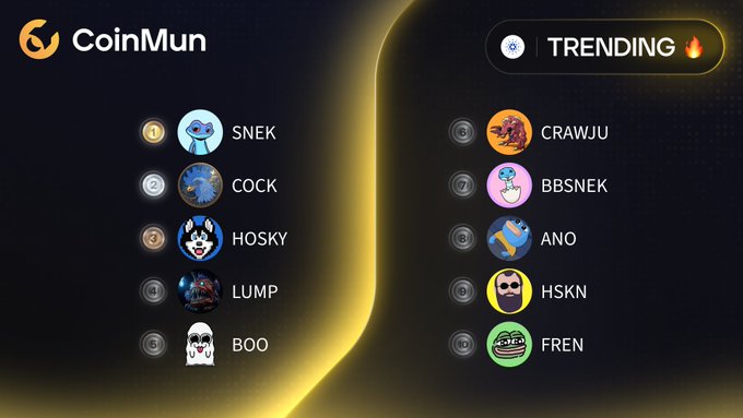 CoinMun's trending leaderboard displays the top 10 Cardano meme coins, ranked from $SNEK (#1), $COCK (#2), $HOSKY (#3), $LUMP (#4), and $BOO (#5) on the left, to $CRAWJU (#6), $BBSNEK (#7), $ANO (#8), $HSKN (#9), and $FREN (#10) on the right.